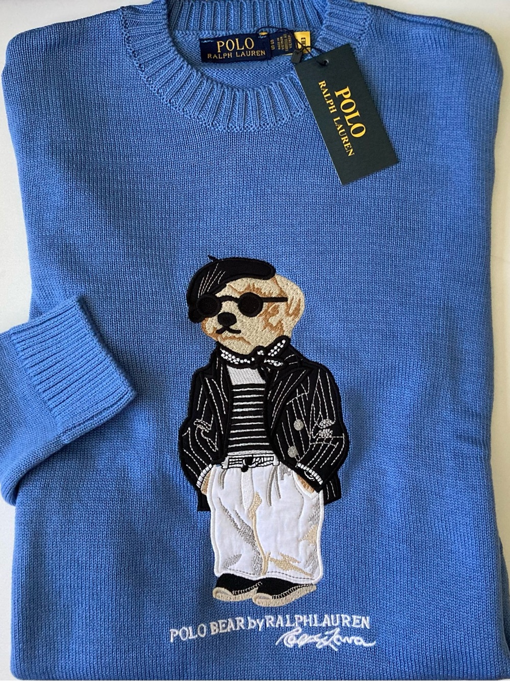 Polo Ralph Lauren Men’s Bear Knit Sweater S Blue 100% Cotton Crewneck New